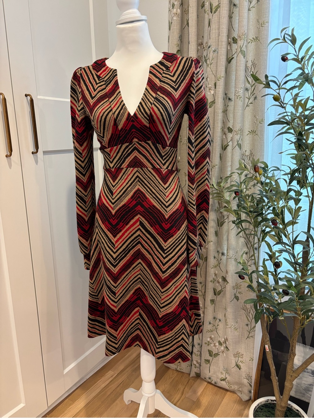 Diane Von Furstenberg Burgundy and Tan Chevron Long Sleeve Dress